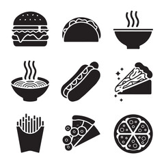 Fast food vector line bold icon set with text. Pizza, noodle soup, hot dog, popcorn, ice cream, chips, hot dog, donut, sandwich.Fast food vector icon set with text. Pizza, taco, hamburger, fries potat