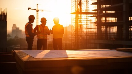 Group of Civil Engineers Collaborating at Construction Site with Blueprint on Table