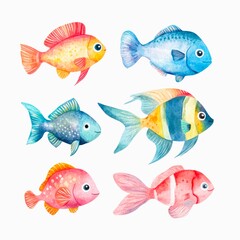 Fototapeta premium Watercolor clip art of colorful fish isolated on white background.