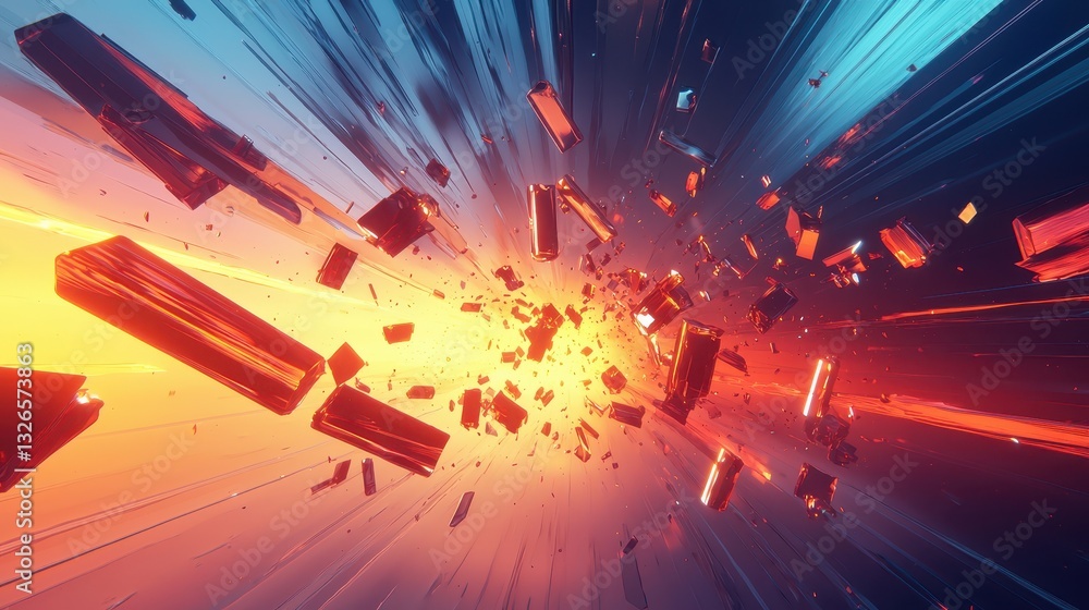 Poster explosive abstract scene with colorful crystal fragments in motion