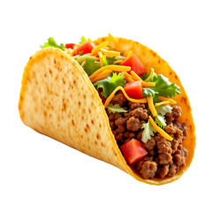 Classic crunchy taco with seasoned ground beef, shredded lettuce, diced tomatoes, and shredded cheddar cheese, high-resolution food photography