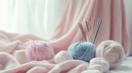Obraz premium A serene flat lay of knitting supplies like yarn and needles on a soft background. picture