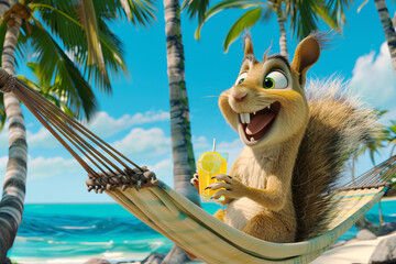 A cartoonish, happy squirrel lies in a hammock on an exotic island under palm trees against the backdrop of the ocean with a glass of lemonade in her hand.