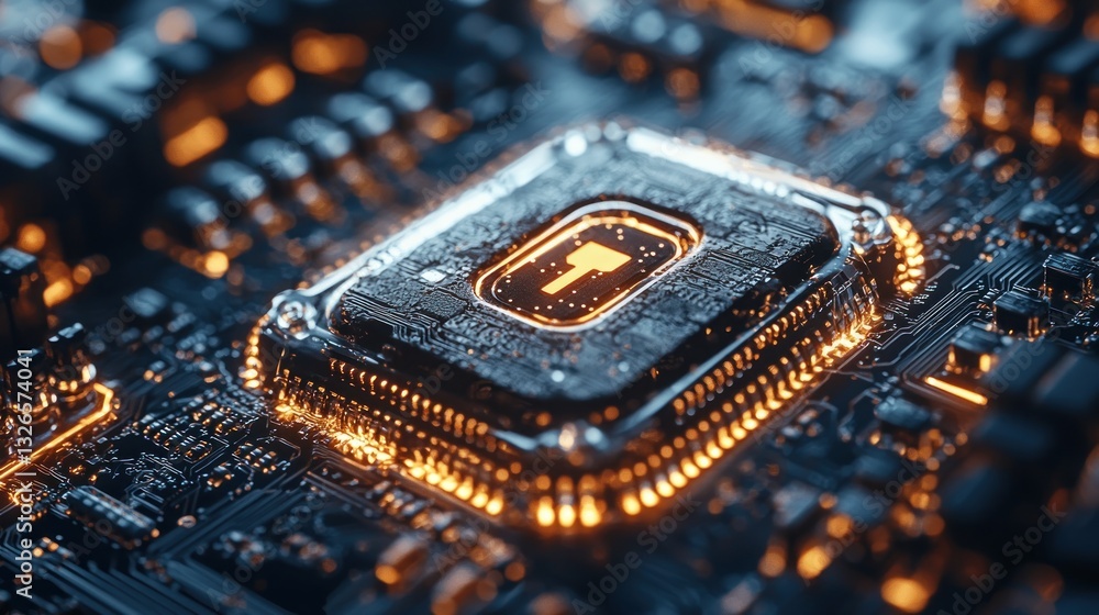 Aufkleber close-up of a glowing cpu chip with a security key icon.