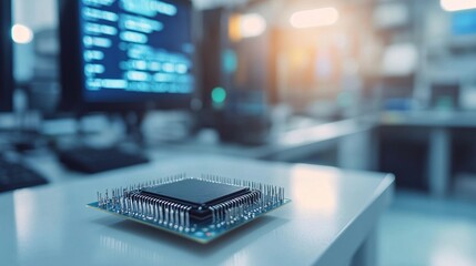 Close-Up View of a Microchip on a Sterile White Workstation, Highlighting Technology and Precision Engineering