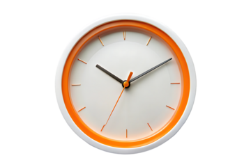 Wall clock white, orange edging isolated on transparent background