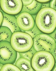 Fototapeta premium Refreshing kiwifruit with bright green flesh and fuzzy brown skin surrounded by lush green leaves on a white background