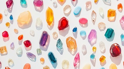 A bright flat lay of colorful gemstones scattered across a white table. picture