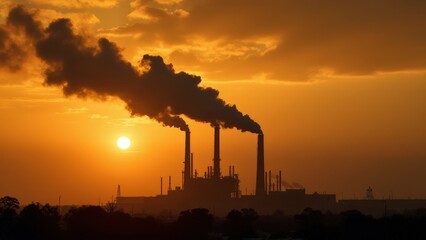 industrial landscape, the pipes of the thermal power plant at sunset. The plant on the background of the sunset sky, the pollution environment