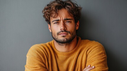Obraz premium Serious man, mustard sweater, grey background, studio portrait, advertising