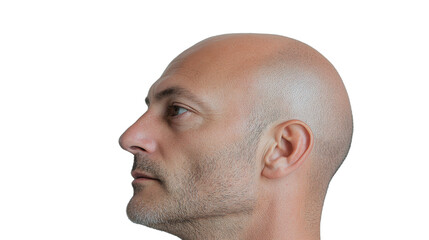 Naklejka premium Bald man in profile, middle-aged, thoughtful expression, neutral background, suitable for professional bio or article use. Isolated on white background or PNG