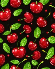 Vibrant cherries and leaves on a black background creating a striking contrast for an elegant fruit display