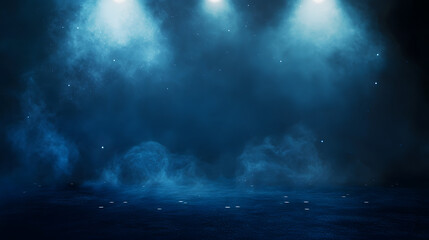 Fototapeta premium Mysterious Stage with Fog and Two Bright Spotlights on a Dark Textured Floor