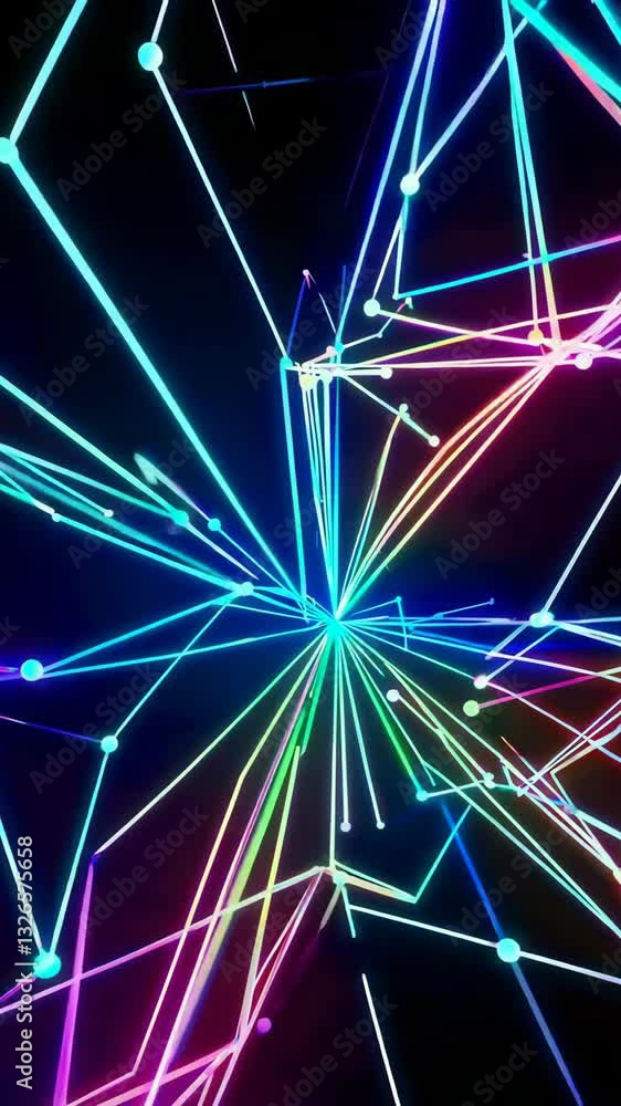 Poster dynamic neon geometry: pulsating connections and vibrant light trails in abstract motion