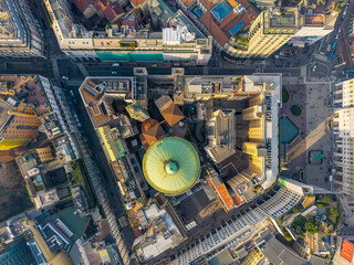 Top down above aerial Drone View of San Carlo al Corso’s Dome and Milan Skyline © Thomas