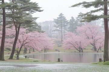 Obraz premium A serene view of pink cherry blossom trees surrounding a calm pond in a misty landscape.