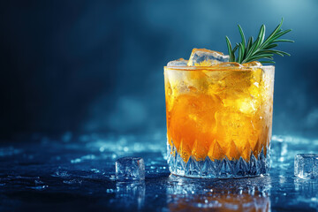 Cocktail garnished with rosemary sprig, against blurred bar background.