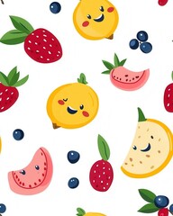 Cute fruit character doodles with a pattern of fruit and berries depicting a playful and whimsical design for fun