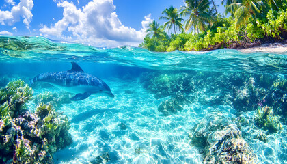 Fototapeta premium Tropical paradise; dolphin in crystal-clear water