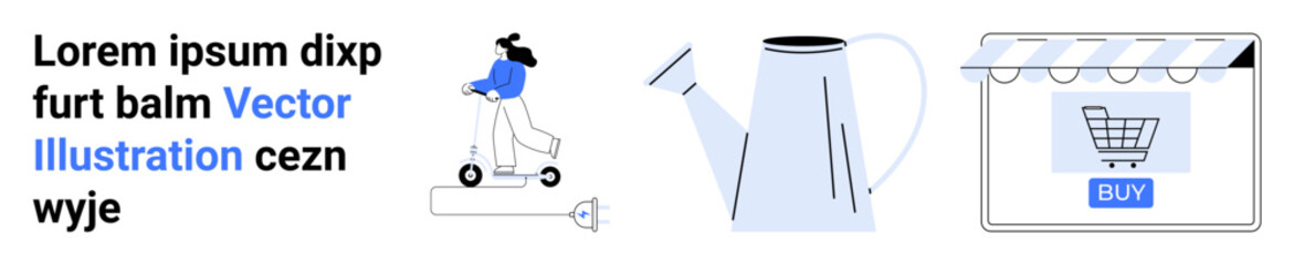 Woman on electric scooter, large watering can, and online store page with Buy button for digital shopping. Ideal for transportation, gardening, technology, shopping, e-commerce, sustainability flat