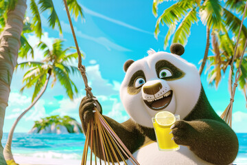A cartoonish, happy panda lies in a hammock on an exotic island under palm trees against the backdrop of the ocean with a glass of lemonade in her hand.