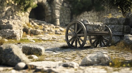 Old wooden cart on a stone path with a stone archway in the background