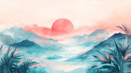 Fototapeta premium Serene sunrise over misty mountains and tropical foliage.