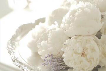 A beautiful arrangement of white peonies and lavender on a silver tray.