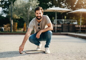 Bearded man crouching near a metal circle, playing a game of boules in a park