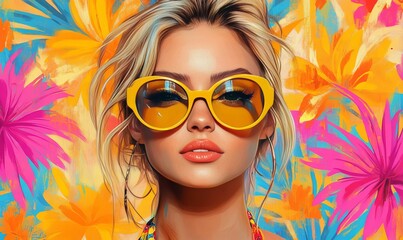 a woman wearing sunglasses and a colorful floral background.