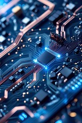 Futuristic Microchip on Circuit Board with Glowing Blue Lights