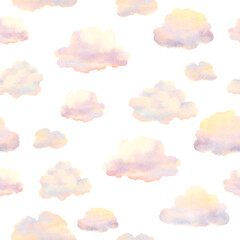 Soft pastel clouds scattered across a white background create a calming and serene atmosphere for design projects