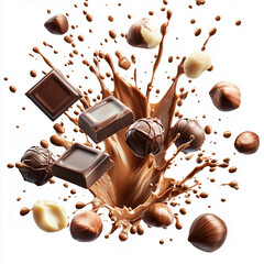 chocolate isolated on white background, 
Composition of flying pieces of chocolate, white background, isolated objects, realistic, cut chocolate