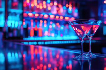 Martini cocktail on bar counter with olives, lemon twist, and shaker. Lighting highlights glass and reflections of the elegant setting.