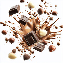 chocolate isolated on white background, 
Composition of flying pieces of chocolate, white background, isolated objects, realistic, cut chocolate