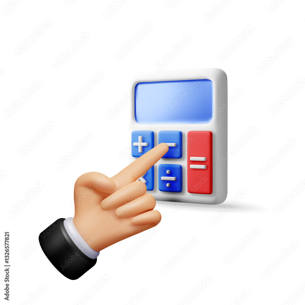 Poster 3d modern calculator in hand isolated. render mathematics icon. addition, subtraction, multiplicatio