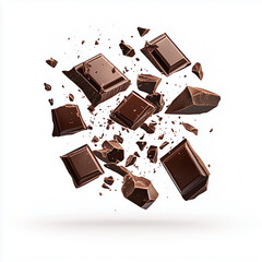 chocolate isolated on white background, 
Composition of flying pieces of chocolate, white background, isolated objects, realistic, cut chocolate