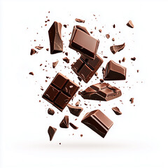 chocolate pieces on white, chocolate isolated on white background, 
Composition of flying pieces of chocolate, white background, isolated objects, realistic, cut chocolate