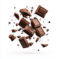 chocolate isolated on white background, 
Composition of flying pieces of chocolate, white background, isolated objects, realistic, cut chocolate