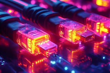 Obraz premium Illuminated electrical cables and connectors providing data transfer connections