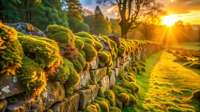 Ancient stone wall with moss and lichen covered in a warm golden light, creating a sense of serenity and tranquility