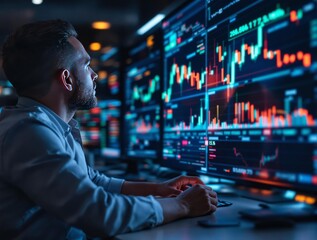 Stock Market Analysis Concept: A Businessman Analyzing Glowing Stock Market Charts in a Digital Office Environment