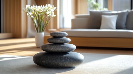 Stacked stones on mat in serene living room.