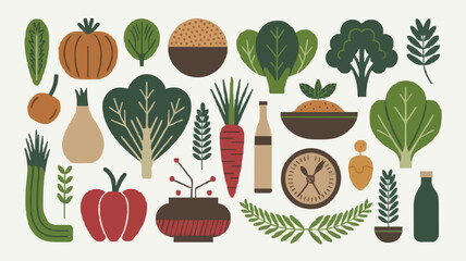 Fresh Vegetables and Herbs Icons in Flat Design