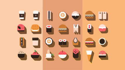 Organized Grid Food Icons Set with Warm Colors