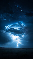 Fototapeta premium dramatic lightning storm illuminates night sky over vast plain, with striking bolts and glowing clouds creating surreal atmosphere.