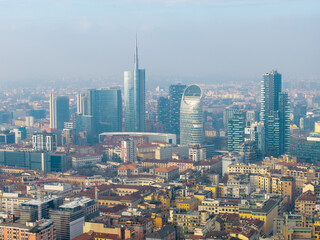Aerial Drone View of Milan’s Garibaldi Business District at Sunset