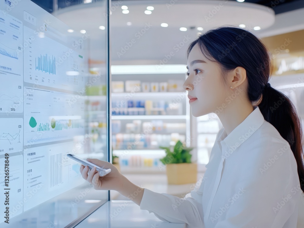 Poster focused woman using interactive display with data analytics, symbolizing modern technology and busin