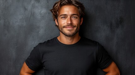 Smiling man, dark background, studio portrait, t-shirt, advertising