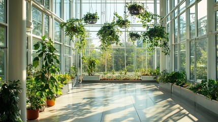A bright photo of an atrium with floor-to-ceiling windows and hanging plants. picture
